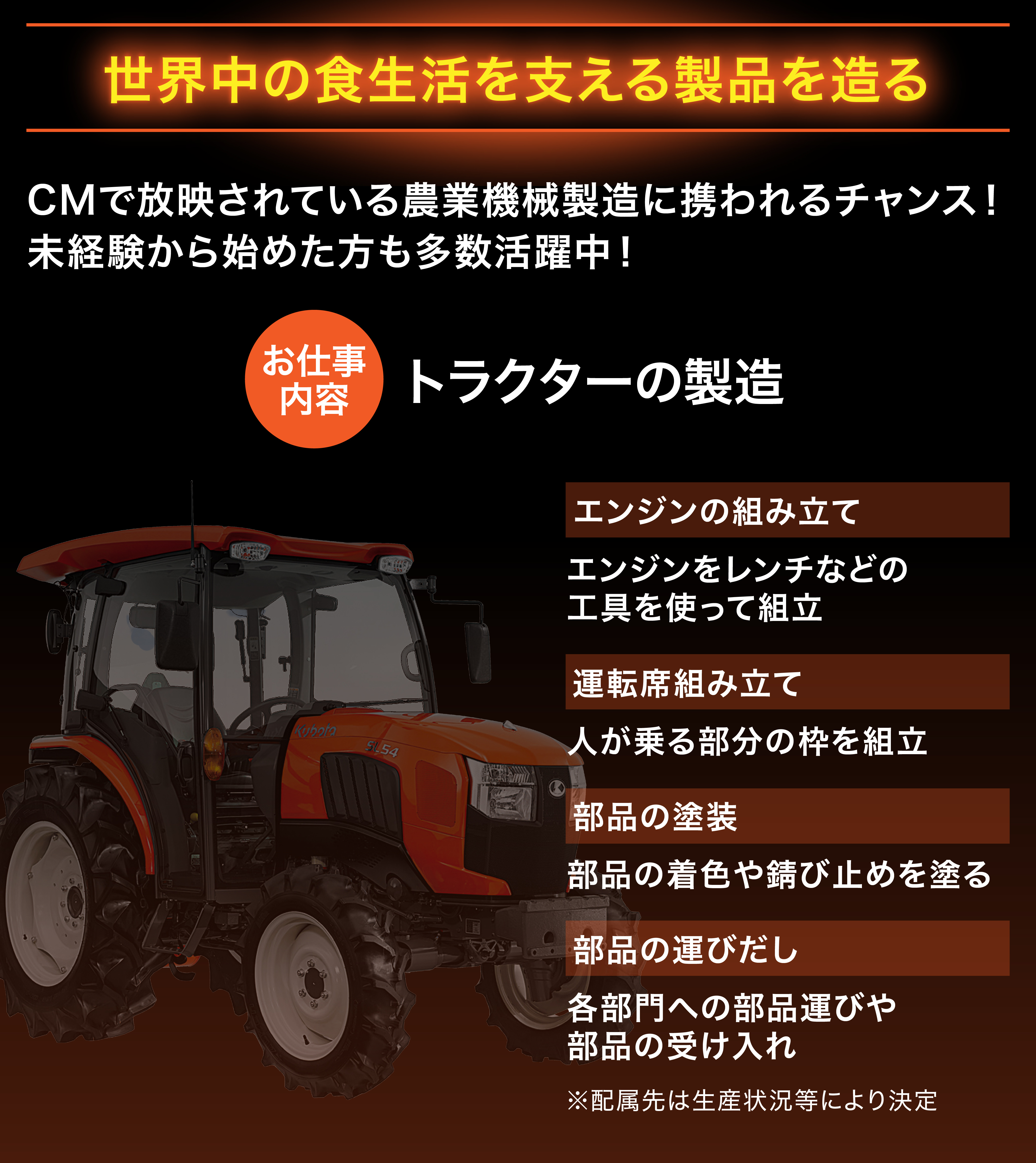 世界中の食生活を支える製品を造る CMで放映されている農業機械製造に携われるチャンス！未経験から始めた方も多数活躍中！ お仕事内容 トラクターの製造 エンジンの組み立て エンジンをレンチなどの工具を使って組立 運転席組み立て 人が乗る部分の枠を組立 部品の塗装 部品の着色や錆び止めを塗る 部品の運びだし 各部門への部品運びや部品の受け入れ ※配属先は生産状況等により決定