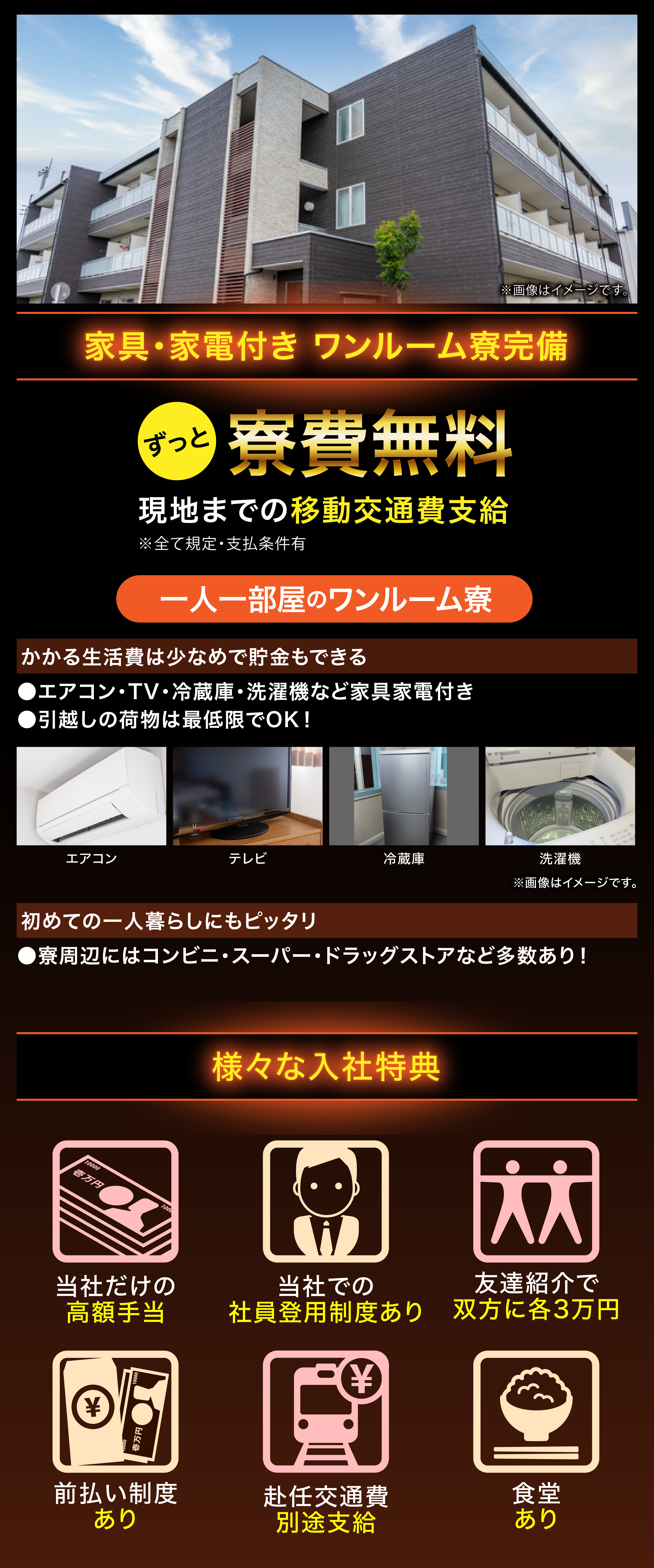 家具・家電付き ワンルーム寮完備 ずっと寮費無料 現地までの赴任交通費支給 ※全て規定・支払条件有 一人一部屋のワンルーム寮 かかる生活費は少なめで貯金もできる エアコン・TV・冷蔵庫・洗濯機など家具家電付き 引越しの荷物は最低限でOK！ エアコン テレビ 冷蔵庫 洗濯機 初めての一人暮らしにもピッタリ 寮周辺にはコンビニ・スーパー・ドラッグストアなど多数あり！ 様々な入社特典 当社だけの高額手当 当社での社員登用制度あり 友達紹介で双方に各3万円 前払い制度あり 赴任交通費別途支給 食堂あり